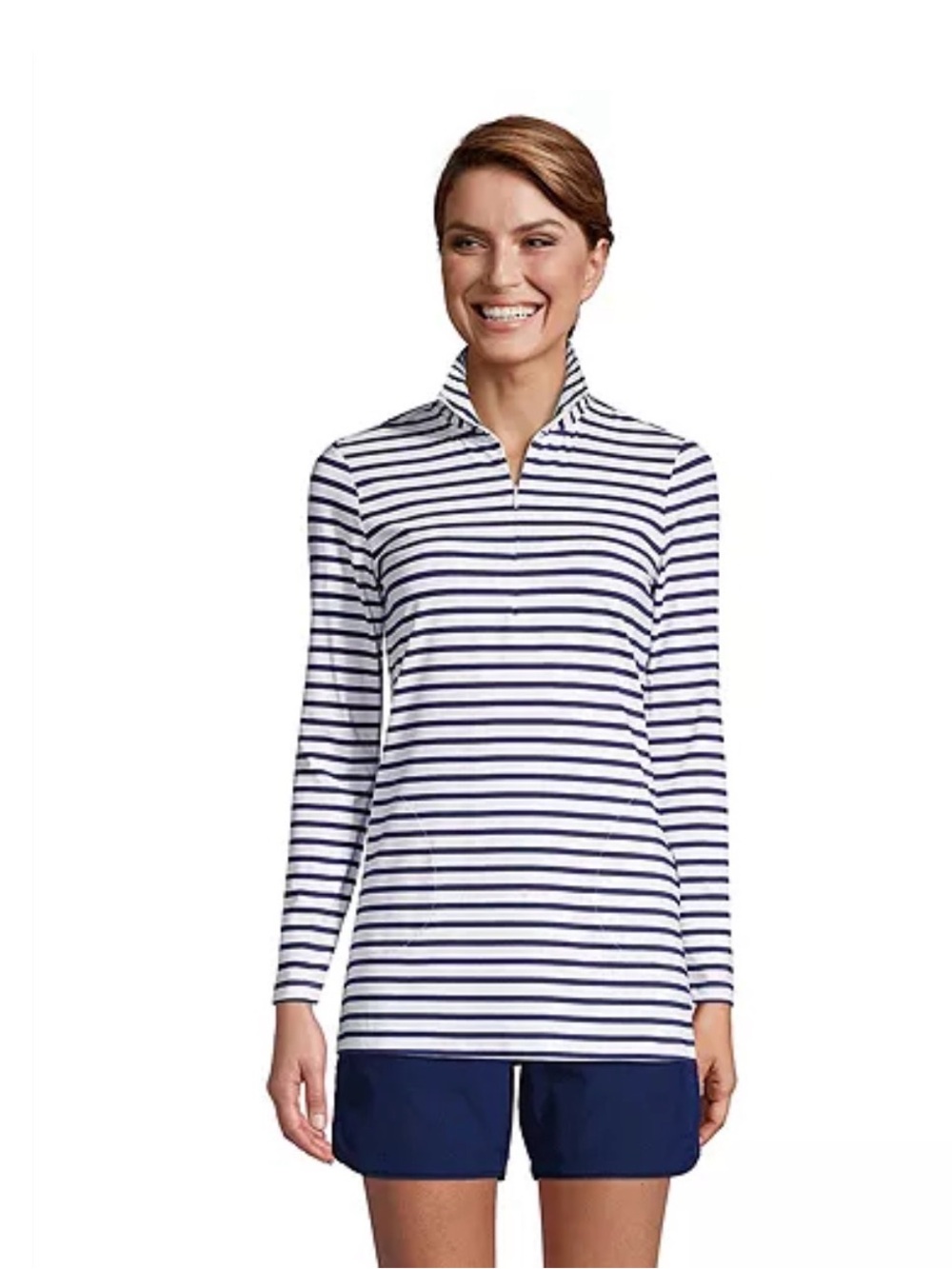 Lands' End SunShade 1/4 Zip Rash Guard Tunic Navy Stripe Small